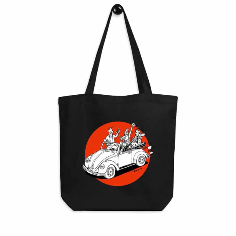 Tote bag noir "Lucien en Coccinelle cabriolet avec Ricky, Gillou et Riton", illustration rétro signée Frank Margerin.