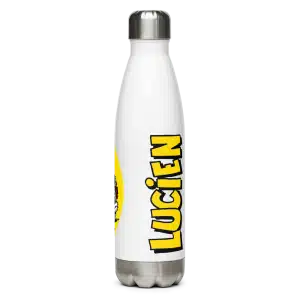 Gourde en inox blanche avec le design "Lucien" en jaune sur fond blanc, idéale pour les fans du personnage emblématique.