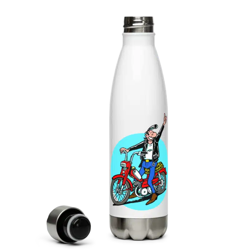 Gourde en inox blanche avec une illustration de Lucien sur une 103 Peugeot rouge, design humoristique et rétro.