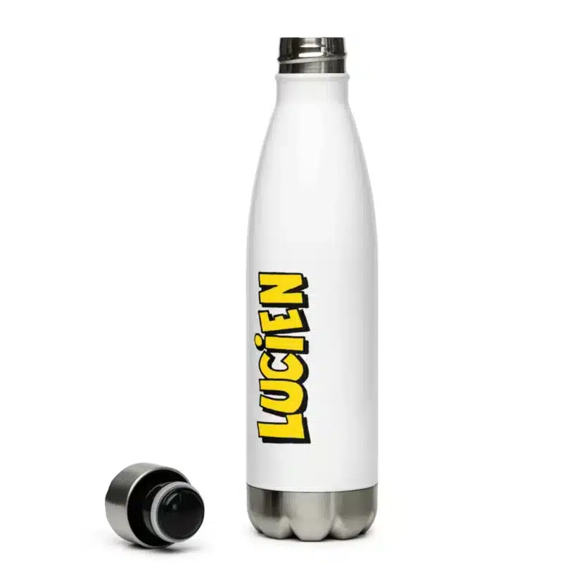 Gourde en inox blanche avec le logo "Lucien" en jaune et noir, design moderne et écologique.