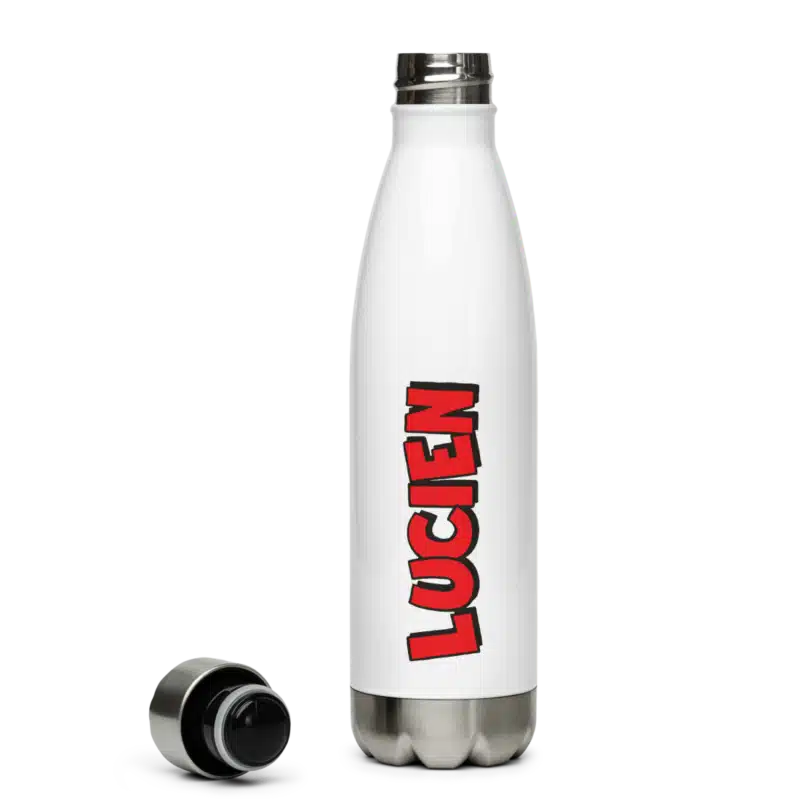 Gourde en inox blanche avec le logo "Lucien" en rouge et noir, design moderne et écologique.