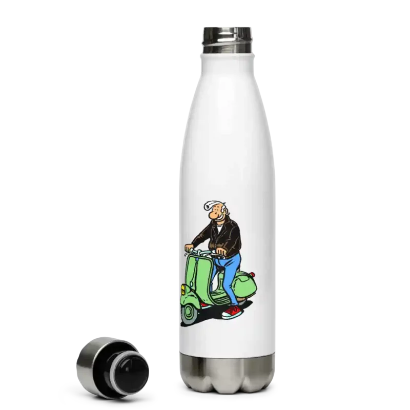 Une gourde blanche en acier inoxydable illustrée d'un dessin de Lucien, personnage emblématique de Frank Margerin, sur un scooter vert, vêtu de son blouson en cuir noir. La gourde est présentée avec son bouchon dévissé sur un fond blanc.