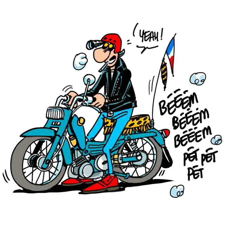 Lucien sur sa mobylette bleue avec une selle léopard et un drapeau français, dessin humoristique rétro.