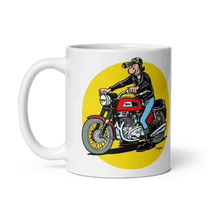 Mug Lucien avec illustration de Lucien sur une moto BSA Trident rouge, esprit rétro des années 70-80