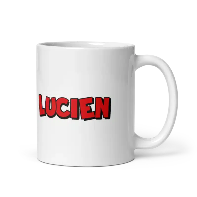 Mug Lucien - logo rouge stylisé de Lucien sur fond blanc pour une ambiance rétro et vintage.