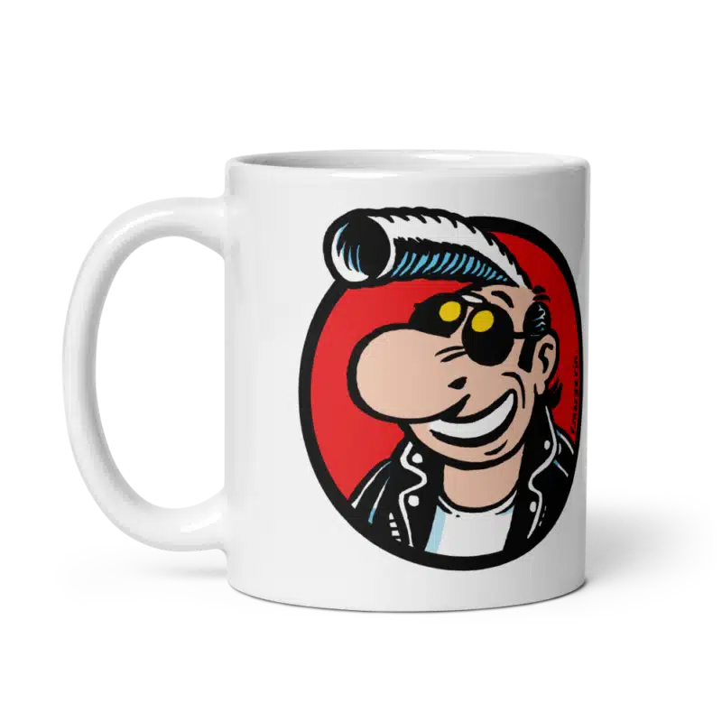 Mug Lucien et sa Banane - illustration rétro de Lucien avec sa banane légendaire en cheveux sur fond rouge.