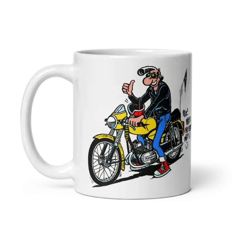 Mug Lucien sur sa moto Flandria jaune, style rétro avec un clin d’œil humoristique.