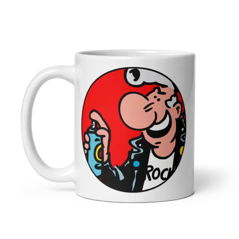 Mug Lucien tagueur avec bombe de peinture, illustration humoristique sur fond rouge.