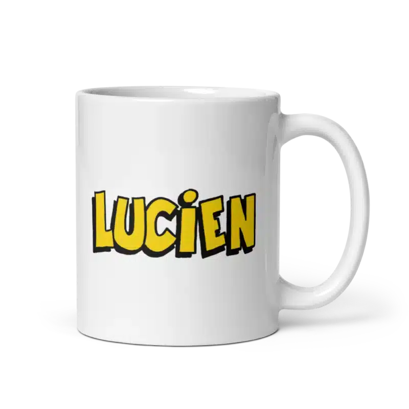 Mug blanc avec l'inscription "LUCIEN" en lettres jaunes avec contour noir, design humoristique et original.