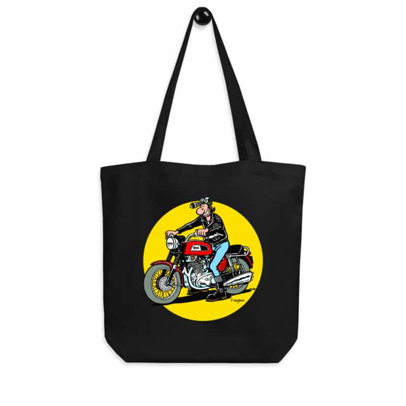 Tote bag noir "Lucien sur BSA Trident", illustration rétro et humoristique de Frank Margerin.