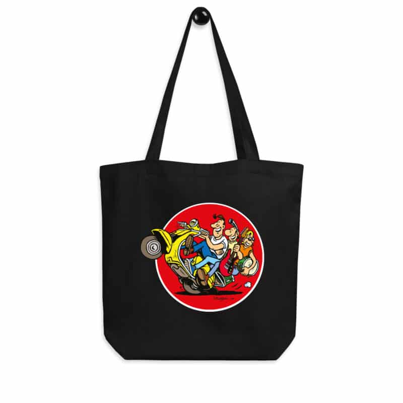 Tote bag noir "Lucien et ses amis sur scooter jaune", illustration humoristique et rétro de Frank Margerin.