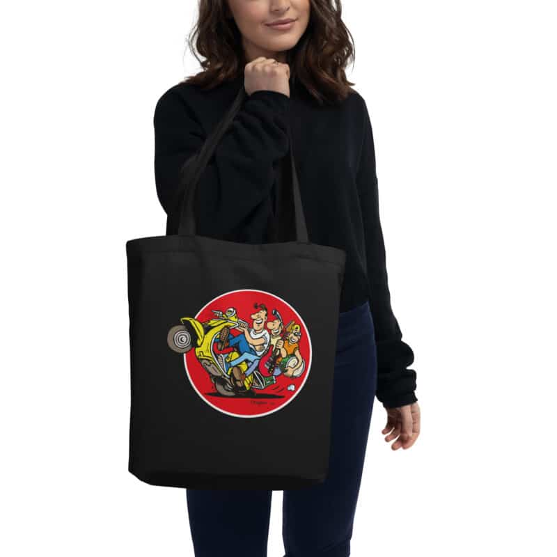 Tote bag noir "Lucien et ses amis sur scooter jaune", illustration rétro et humoristique de Frank Margerin.