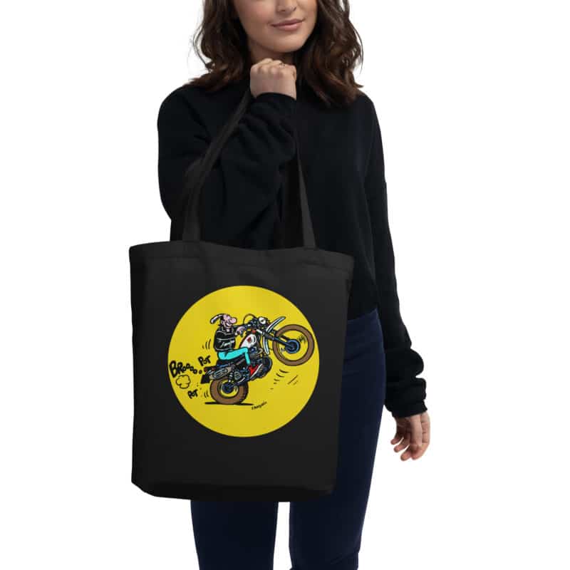 Tote bag noir avec Lucien faisant un wheeling sur une Yamaha 500 XT, illustration rétro signée Frank Margerin.