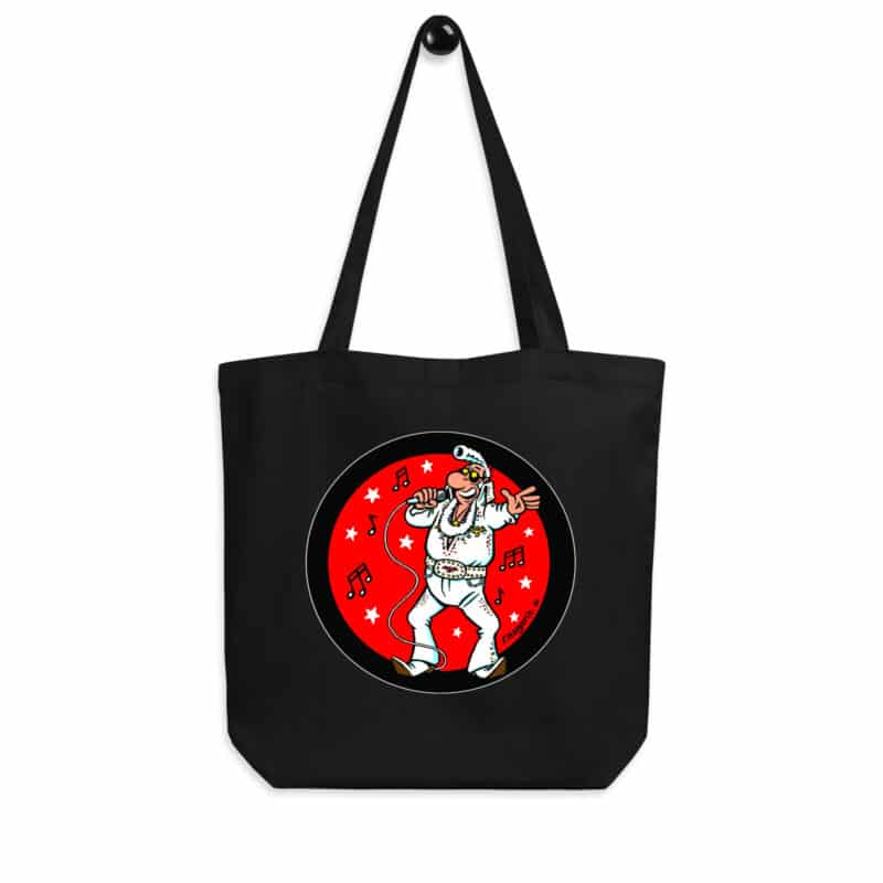 Tote bag noir "Lucien en Elvis Presley", illustration rétro et humoristique de Frank Margerin.