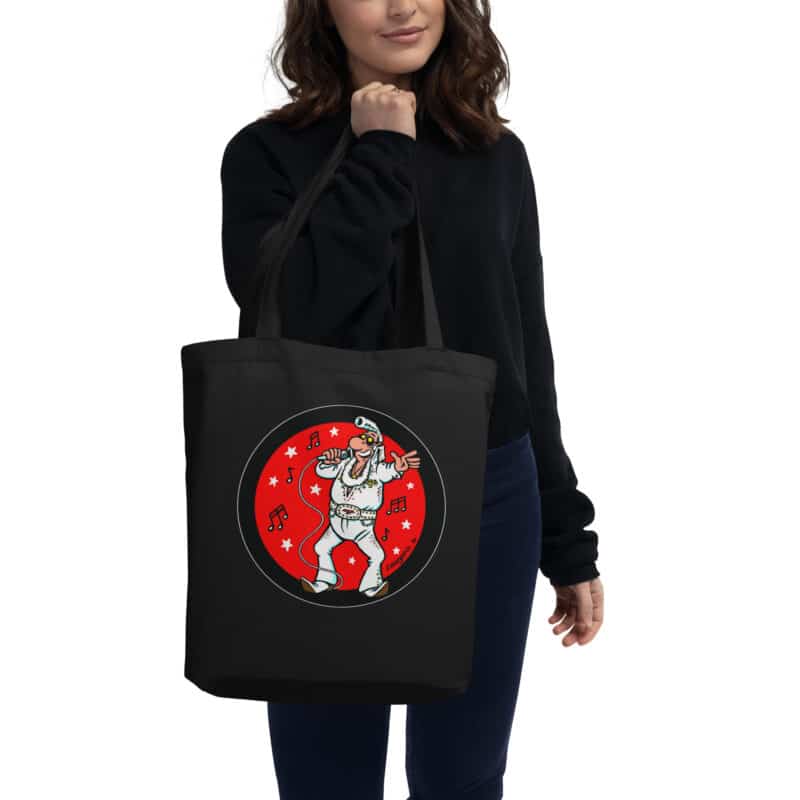 Tote bag noir "Lucien en Elvis Presley", illustration humoristique et rétro signée Frank Margerin.