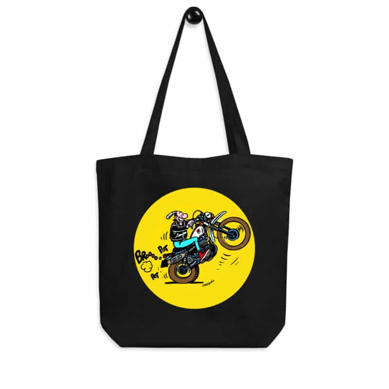 Tote bag noir "Lucien en wheeling sur Yamaha 500 XT", illustration rétro signée Frank Margerin.