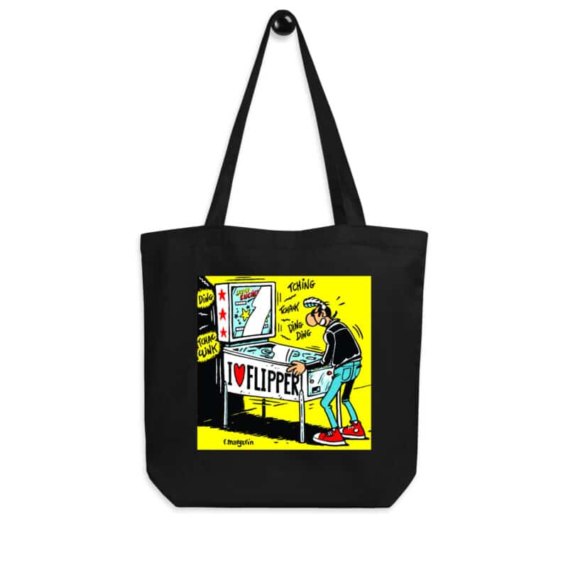 Tote bag noir "I Love Flipper" avec Lucien jouant au flipper, illustration rétro de Frank Margerin.