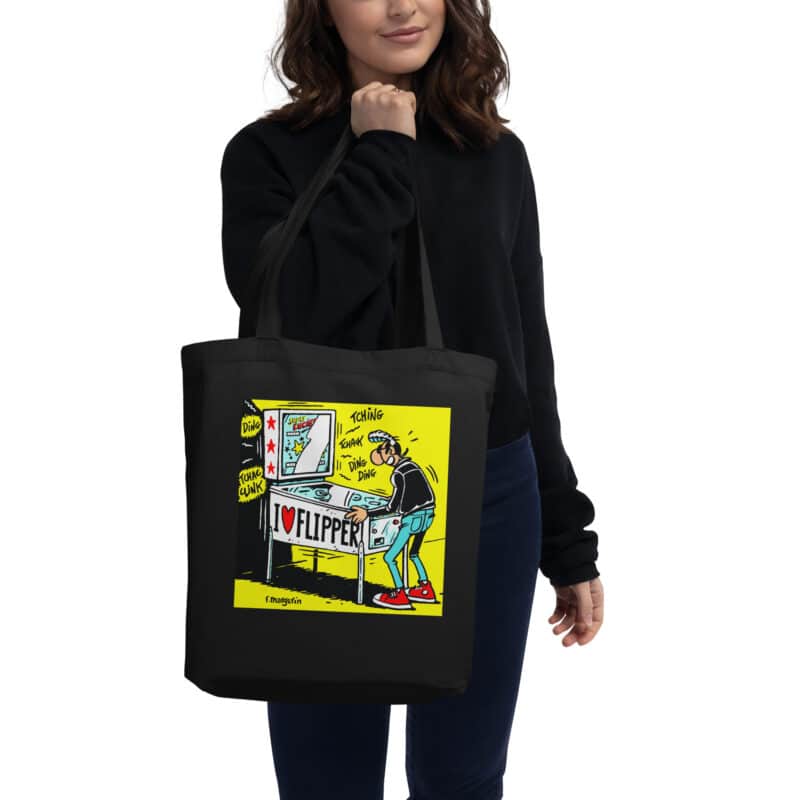 Tote bag noir "I Love Flipper" avec Lucien jouant au flipper, illustration rétro signée Frank Margerin.