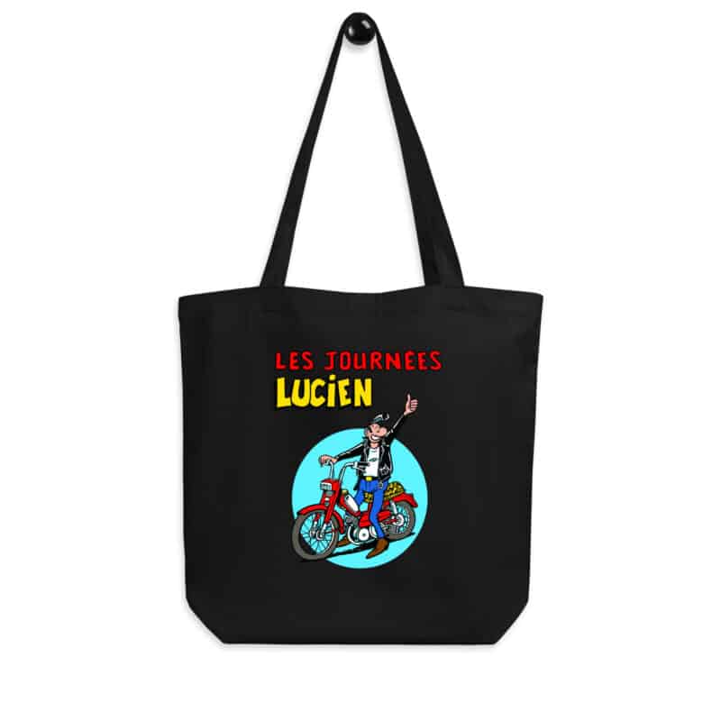 Tote bag noir "Les Journées Lucien", Lucien sur une Peugeot 103 rouge, design signé Frank Margerin.