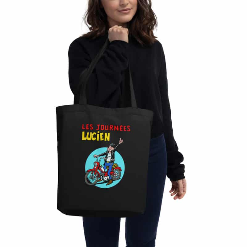 Tote bag noir "Les Journées Lucien", illustration de Lucien sur moto rouge, design signé Frank Margerin.