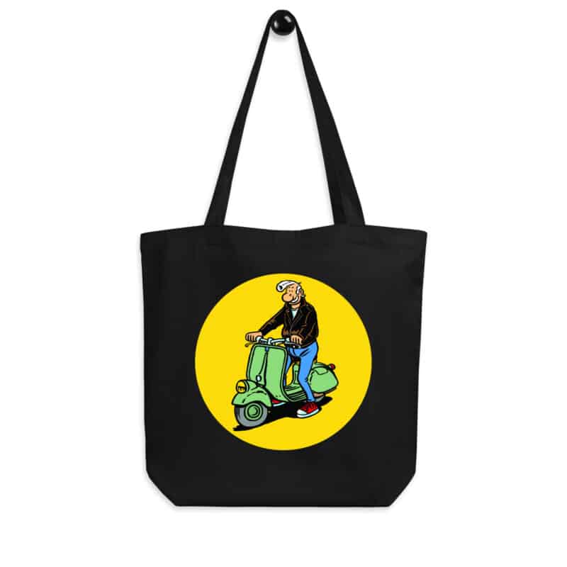 Tote bag noir "Lucien sur scooter vert", illustration de Frank Margerin avec ambiance rétro et rock.