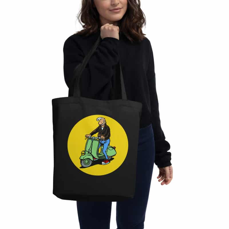 Tote bag noir "Lucien sur scooter vert", illustration rétro signée Frank Margerin