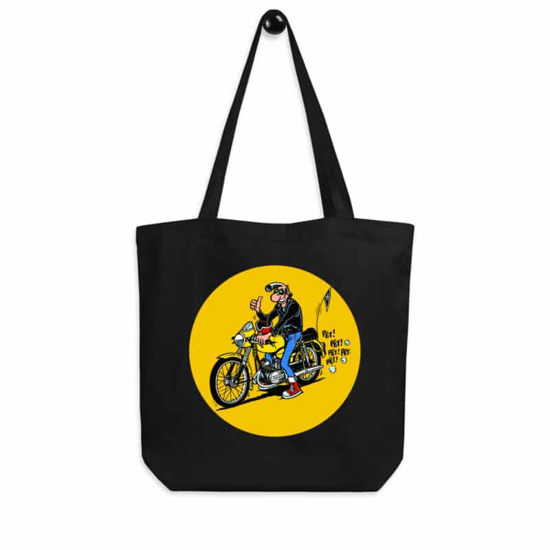 Tote bag noir "Lucien sur Flandria jaune", illustration de Frank Margerin, style rock rétro.