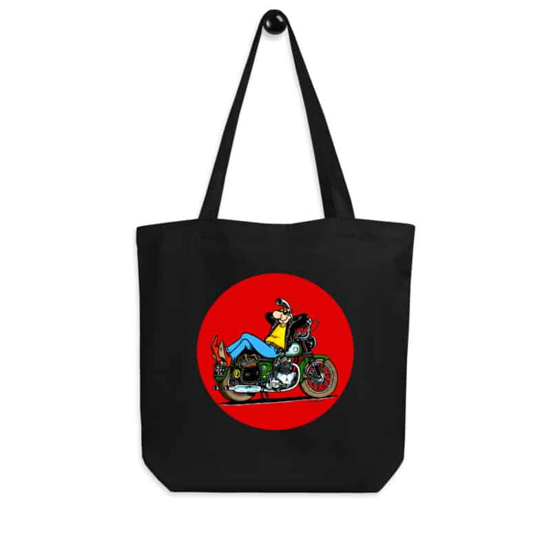 Tote bag noir "Lucien sur moto BSA verte" - Illustration de Frank Margerin avec ambiance rock et rétro.