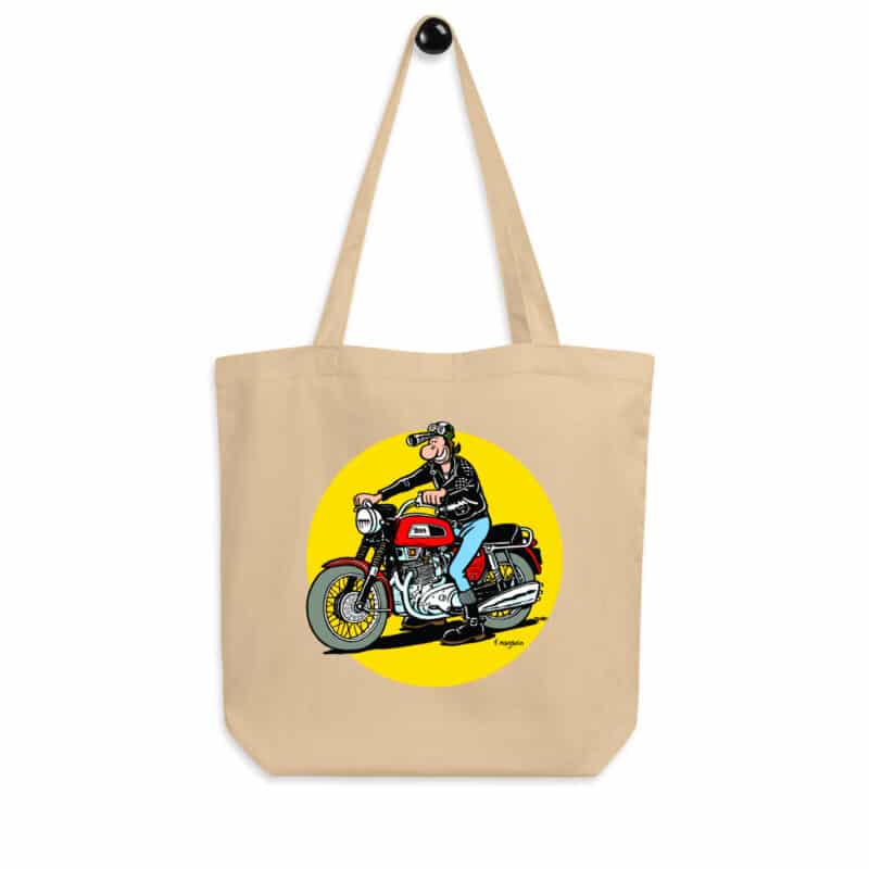 Tote bag beige "Lucien sur BSA Trident", illustration rétro et humoristique de Frank Margerin.