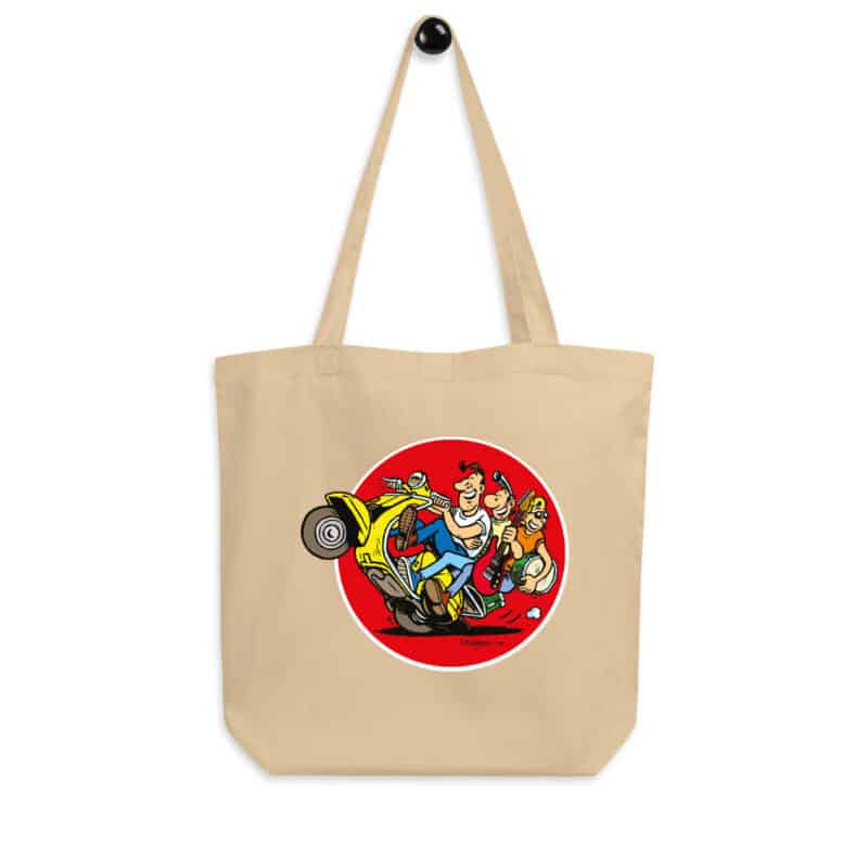 Tote bag beige "Lucien et ses amis sur scooter jaune", illustration humoristique et rétro de Frank Margerin.