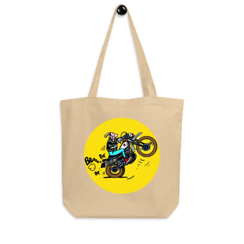 Tote bag beige "Lucien en wheeling sur Yamaha 500 XT", illustration rétro signée Frank Margerin.