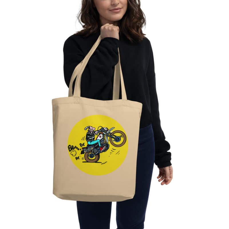 Tote bag beige avec Lucien faisant un wheeling sur une Yamaha 500 XT, illustration rétro signée Frank Margerin.