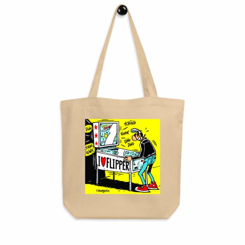 Tote bag beige "I Love Flipper" avec Lucien jouant au flipper, illustration rétro de Frank Margerin.