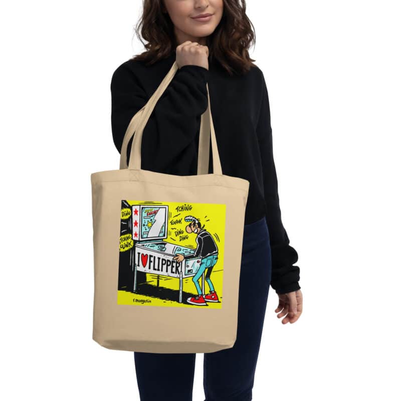 Tote bag beige "I Love Flipper" avec Lucien jouant au flipper, illustration rétro signée Frank Margerin.