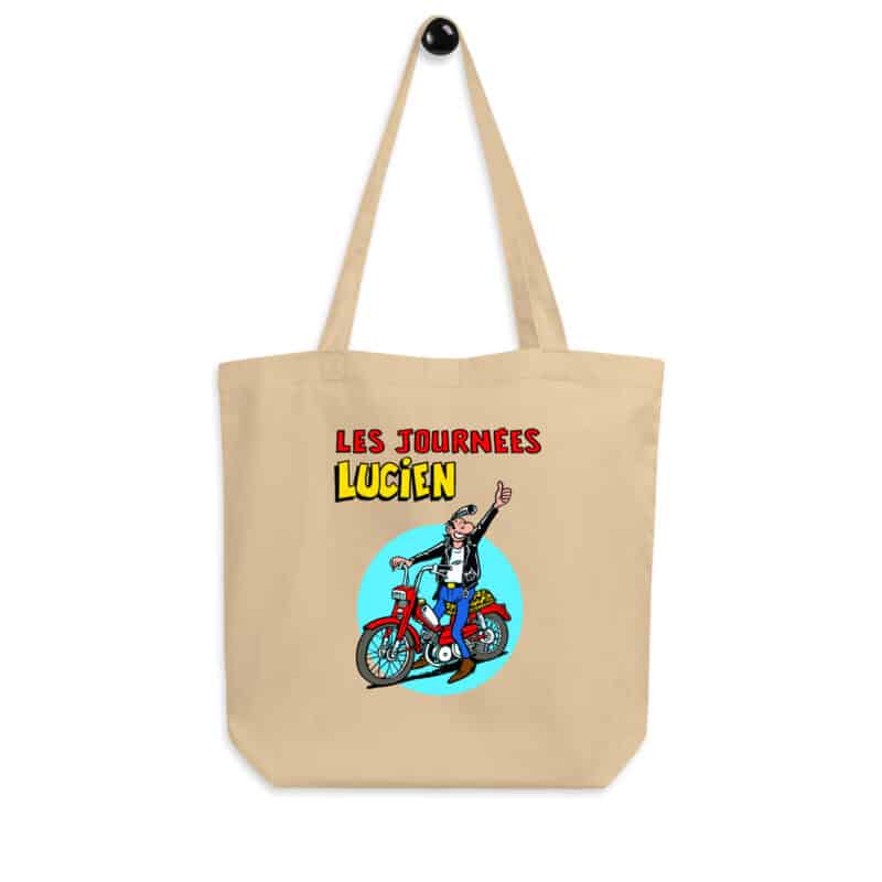 Tote bag beige "Les Journées Lucien", Lucien sur une Peugeot 103 rouge, design signé Frank Margerin.