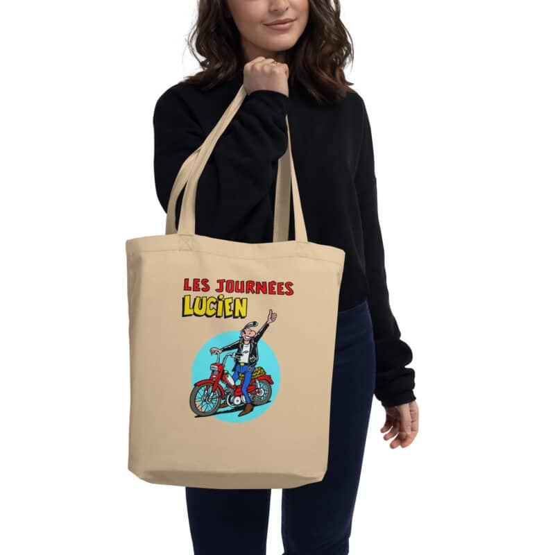 Tote bag beige "Les Journées Lucien", illustration de Lucien sur une Peugeot 103 rouge, design signé Frank Margerin.