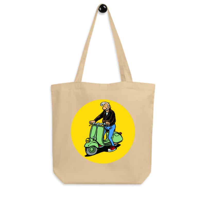 Tote bag beige "Lucien sur scooter vert", illustration de Frank Margerin avec ambiance rétro et rock.