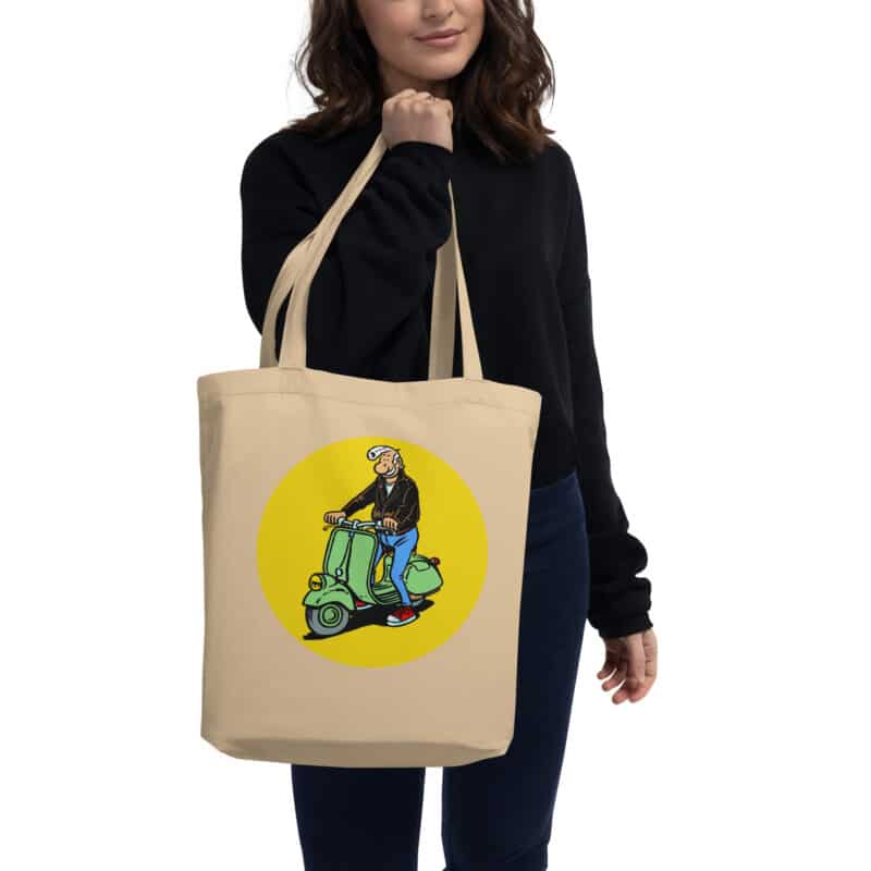 Tote bag beige "Lucien sur scooter vert", illustration rétro signée Frank Margerin.