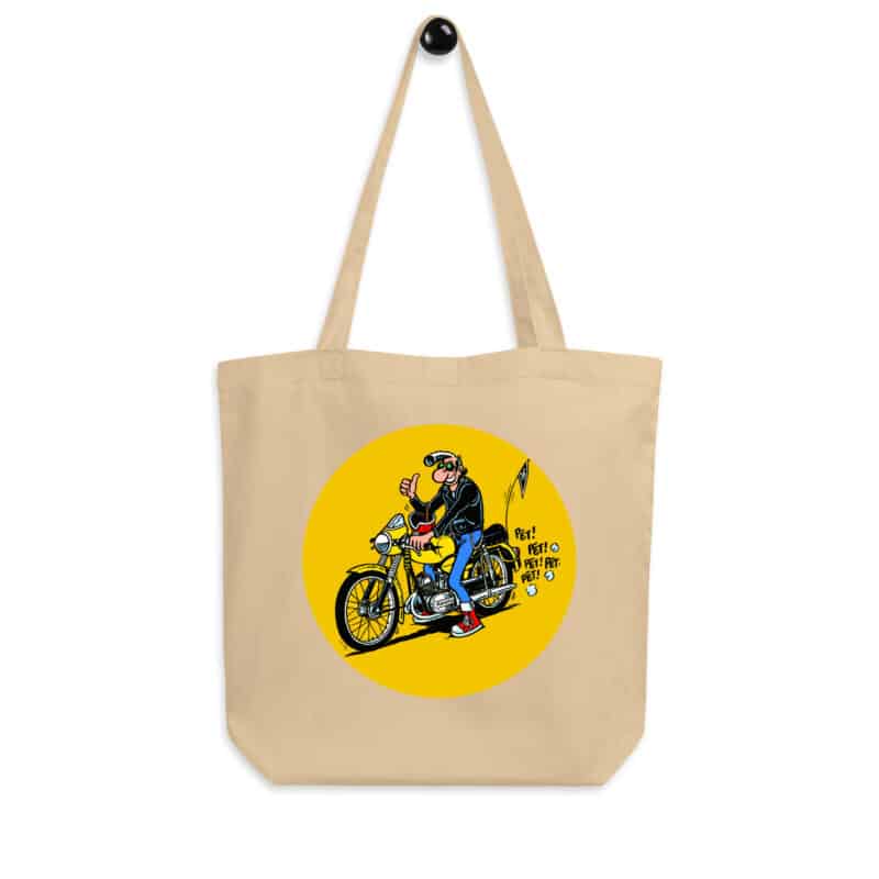 Tote bag beige "Lucien sur Flandria jaune", illustration de Frank Margerin, style rock rétro.