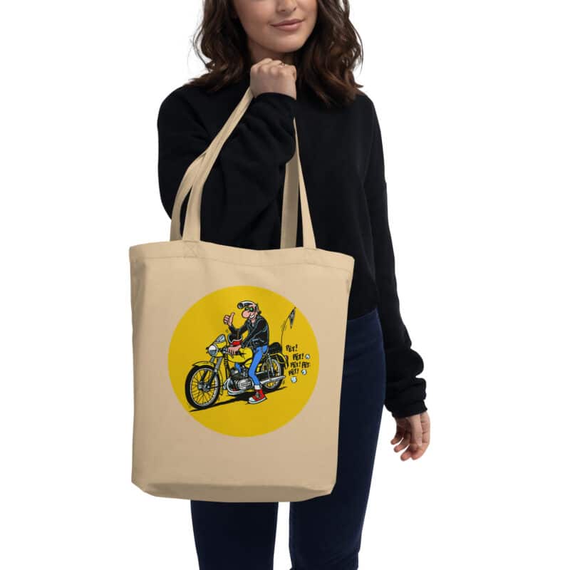 Tote bag beige "Lucien sur Flandria jaune" porté au bras, illustration rock vintage de Frank Margerin.