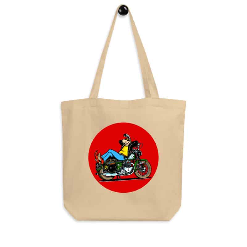 Tote bag beige "Lucien sur moto BSA verte" - Illustration de Frank Margerin avec ambiance rock et rétro.