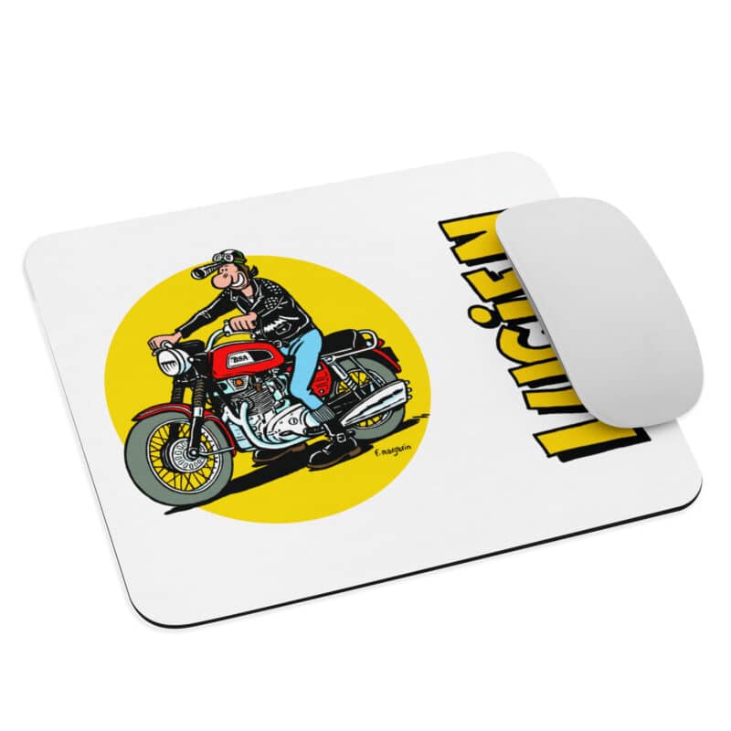 Tapis de souris avec Lucien, personnage de Frank Margerin, sur sa moto BSA Trident, ambiance rock vintage.