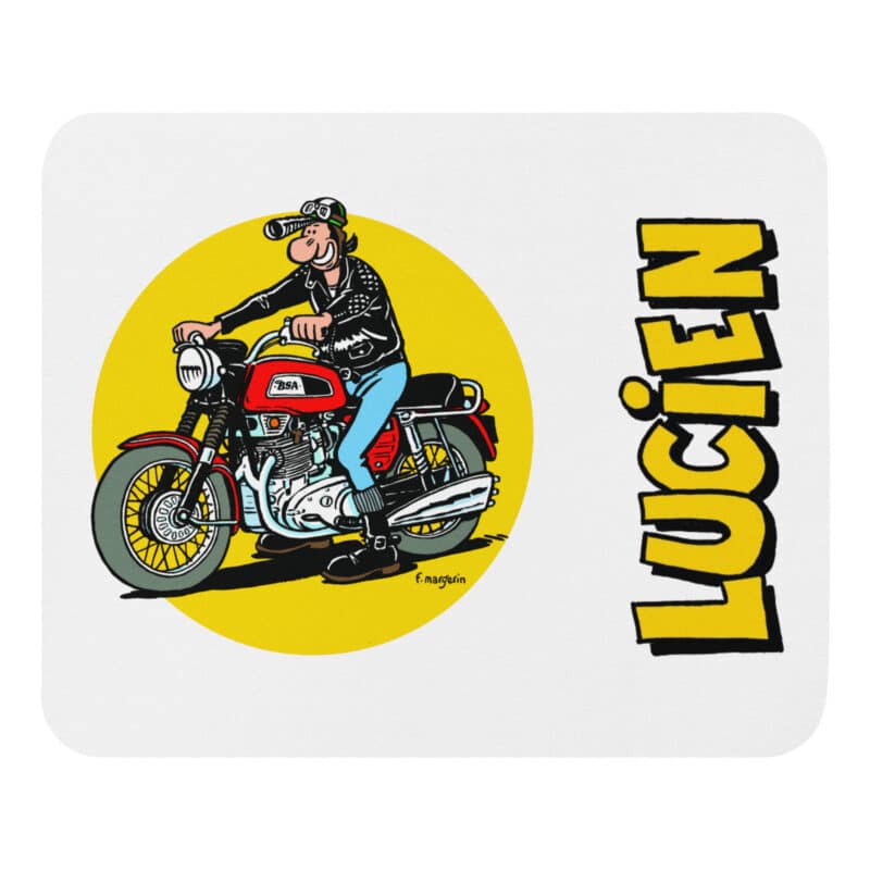 Tapis de souris avec Lucien, personnage de Frank Margerin, sur sa moto BSA Trident, ambiance rock vintage.