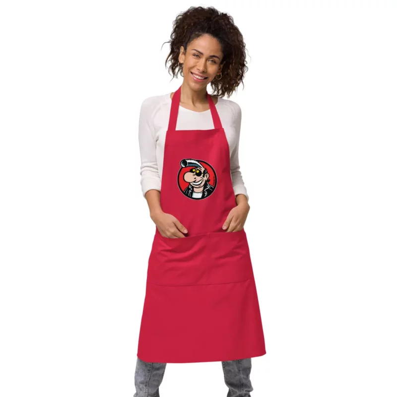 Tablier de cuisine Lucien Banane en rouge – design rétro audacieux et motif banane – Univers Margerin