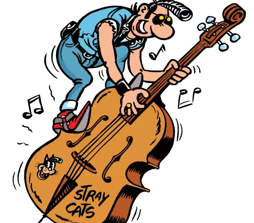 Lucien joue du slap sur une contrebasse avec énergie – illustration de Frank Margerin