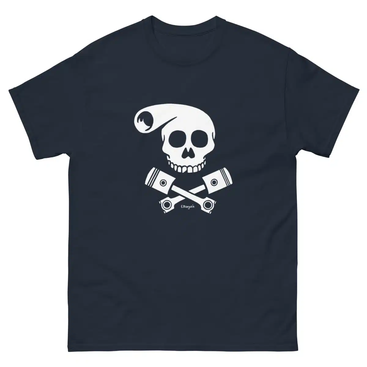 T-shirt Biker Skull de Lucien bleu marine avec tête de mort stylisée et pistons croisés