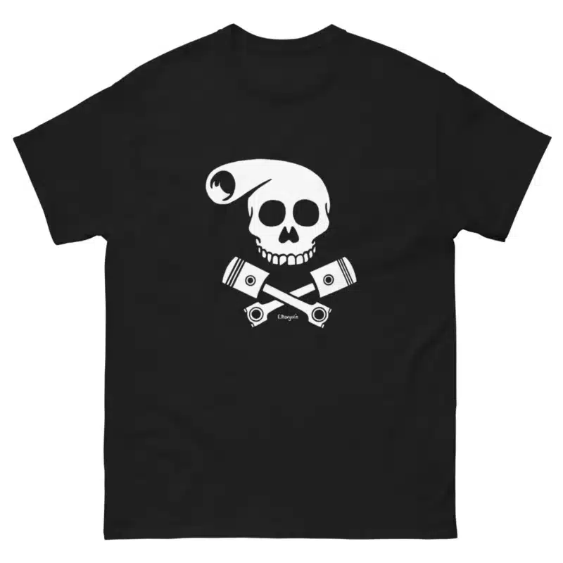 T-shirt Biker Skull de Lucien noir avec tête de mort stylisée et pistons croisés