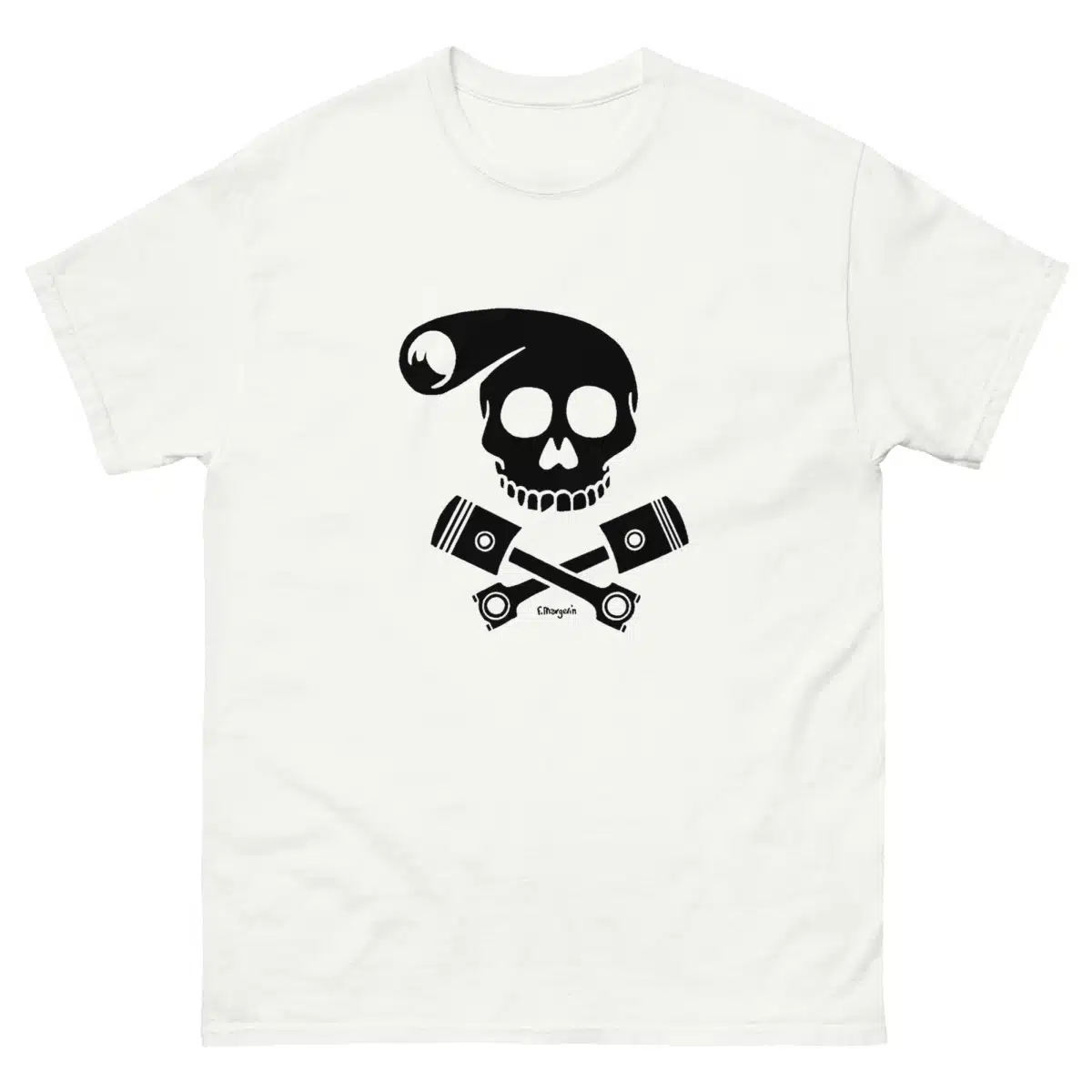 T-shirt Biker Skull de Lucien blanc avec tête de mort stylisée et pistons croisés