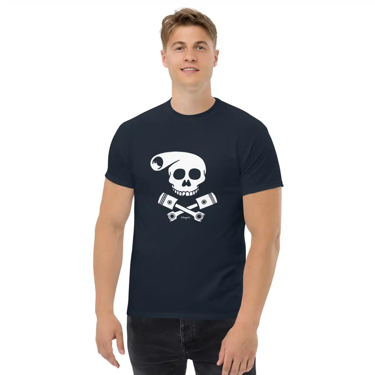 T-shirt Biker Skull de Lucien bleu marine avec tête de mort stylisée et pistons croisés