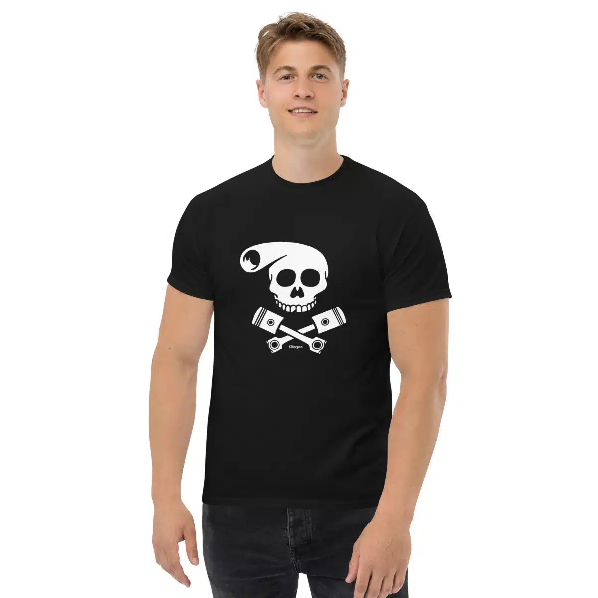 T-shirt Biker Skull de Lucien noir avec tête de mort stylisée et pistons croisés